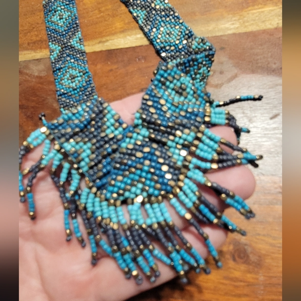 Native American Style Woven Turquoise And Bronze Bead Fringe Tribal Necklace - Picture 5 of 10